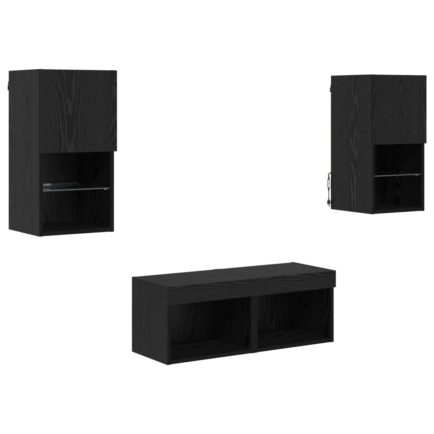 TV Væghylder med LED -strimmellys 4 pcs Sort eg Konstrueret træ