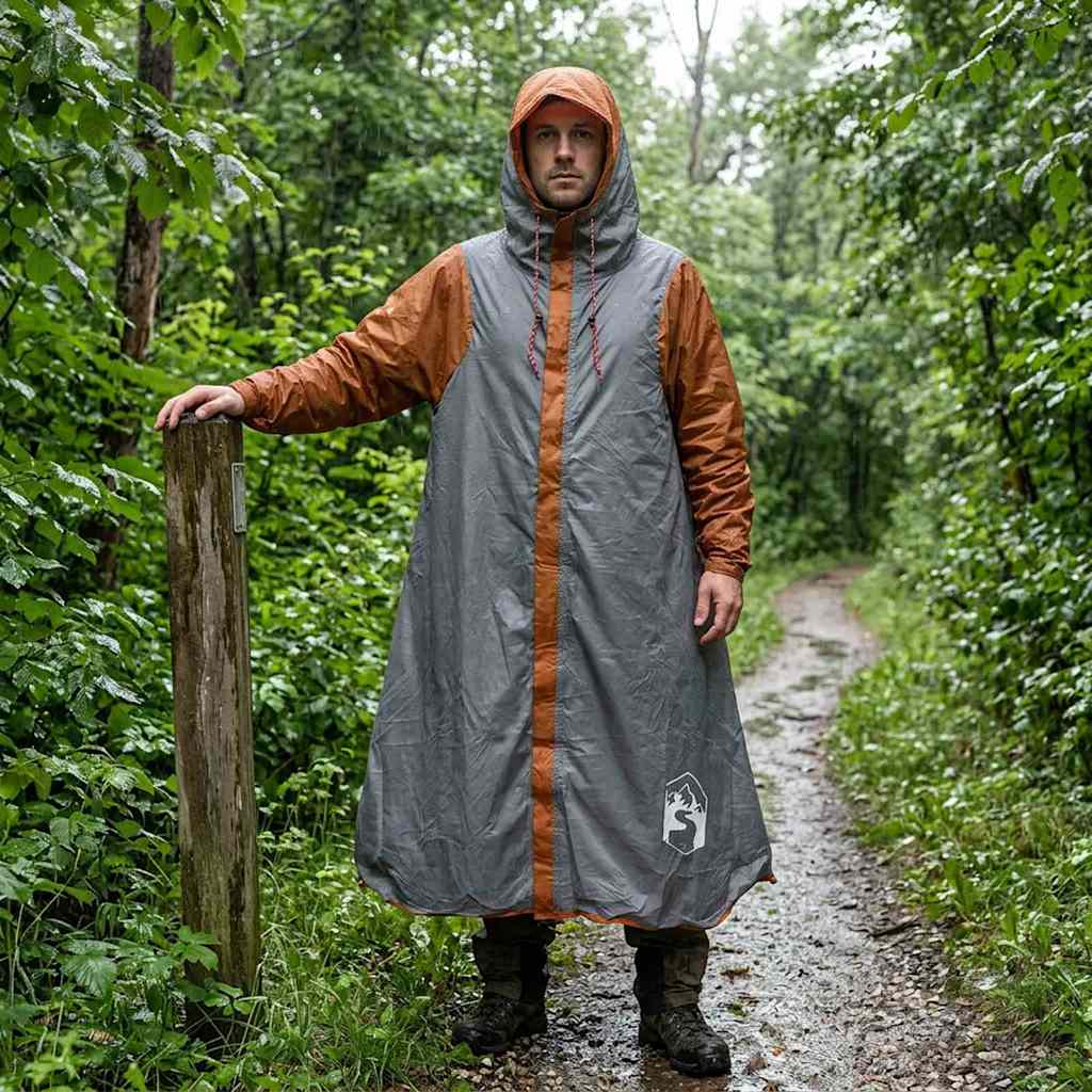 2-i-1 regnponcho med hætte Grå og orange 262 x 126 x 130 cm billede