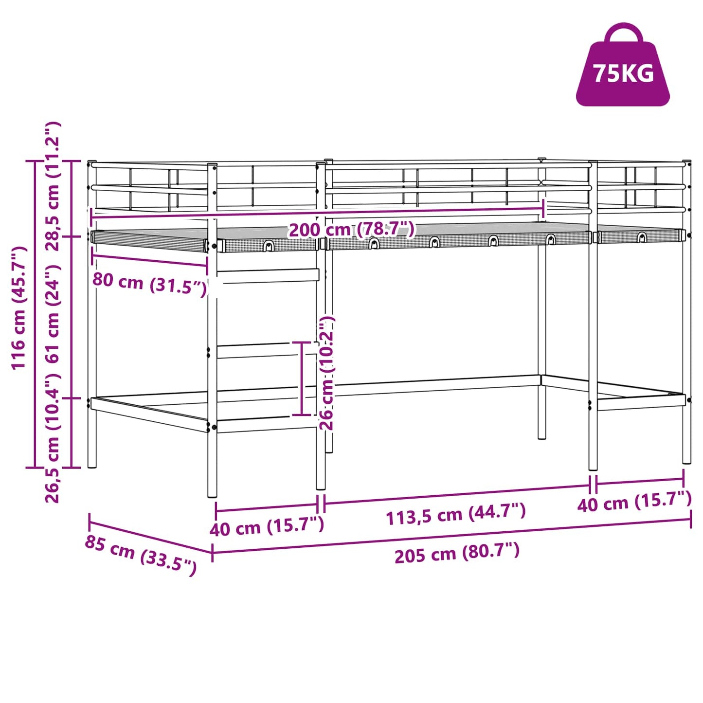 Børns Loft Seng Ramme Ensfarvet Sort 80 x 200 cm Stål