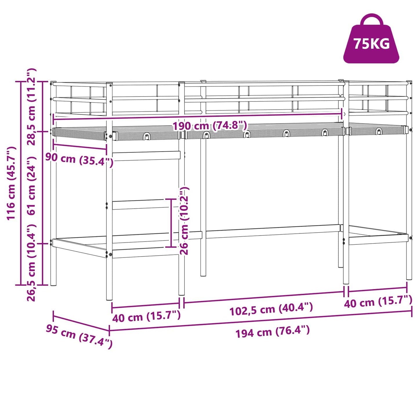 Børns Loft Seng Ramme Sort 90 x 190 cm Stål