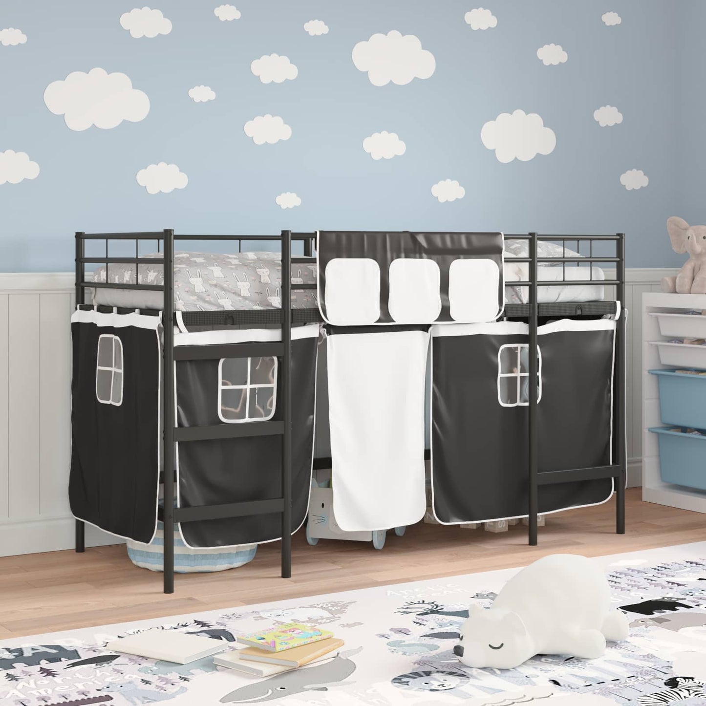 Kids'loftseng med gardiner Sort 90 x 190 cm