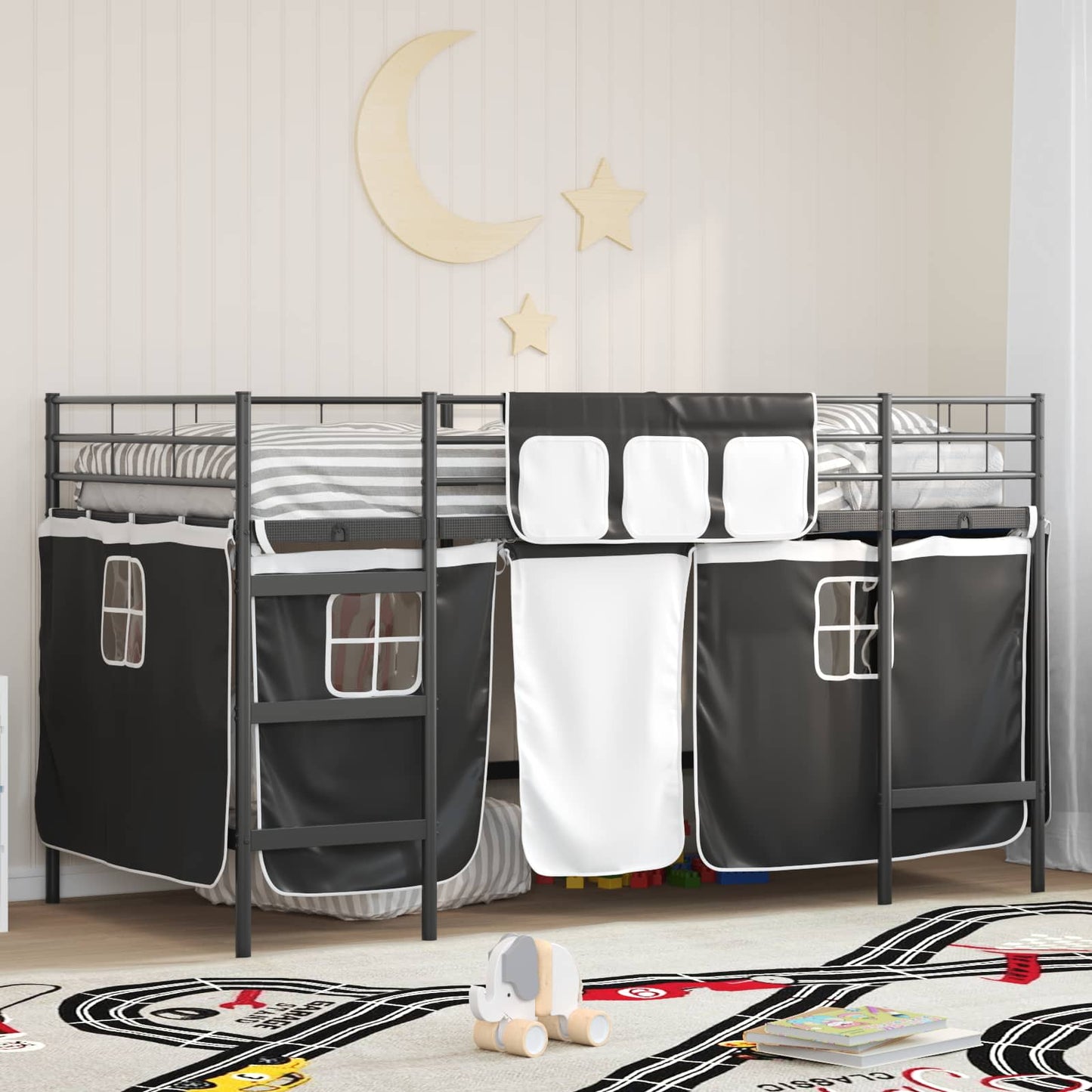 Kids'loftseng med gardiner Ensfarvet Sort 90 x 200 cm