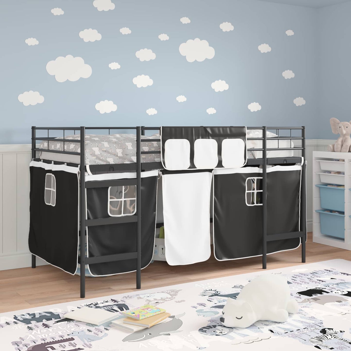 Kids'loftseng med gardiner Ensfarvet Sort 107 x 203 cm