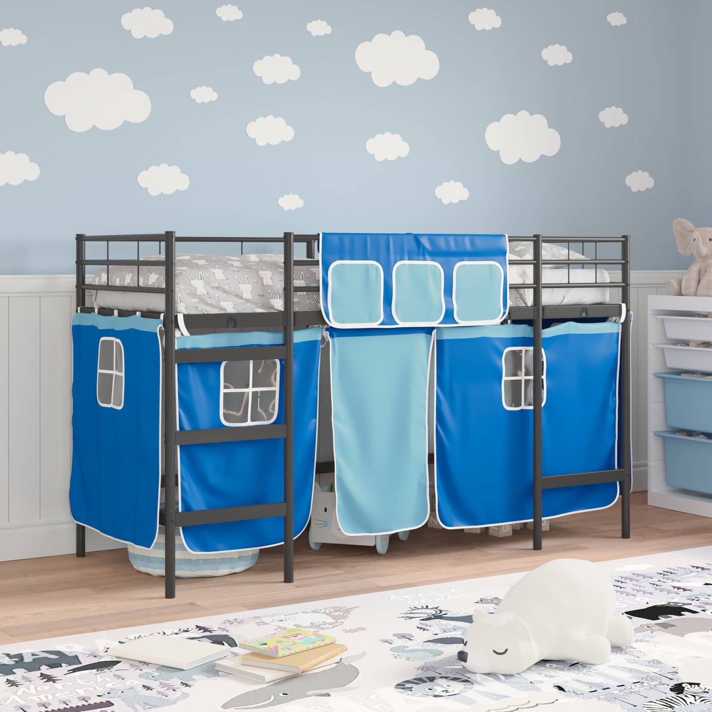 Kids'loftseng med gardiner Sort og Blå 90 x 190 cm