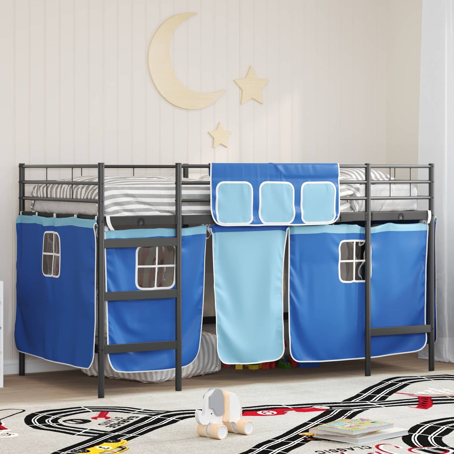 Kids'loftseng med gardiner Ensfarvet Sort og Blå 90 x 200 cm