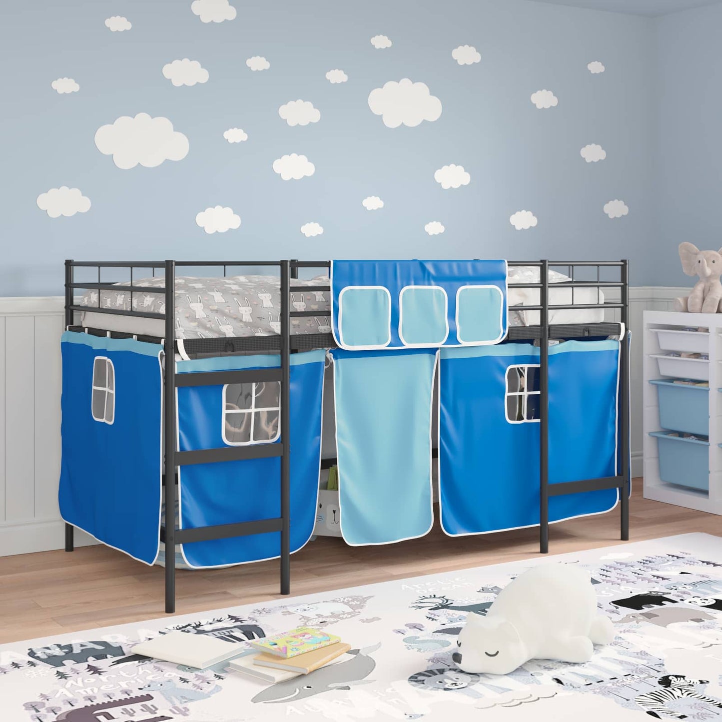 Kids'loftseng med gardiner Ensfarvet Sort og Blå 100 x 200 cm