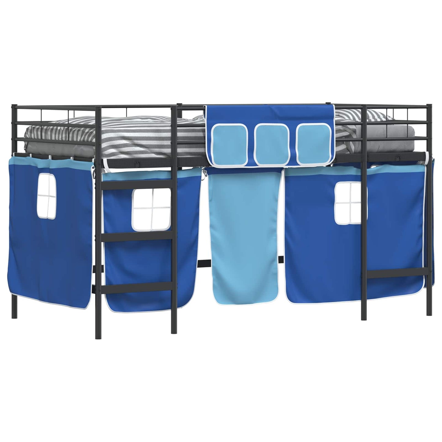 Kids'loftseng med gardiner Ensfarvet Sort og Blå 107 x 203 cm