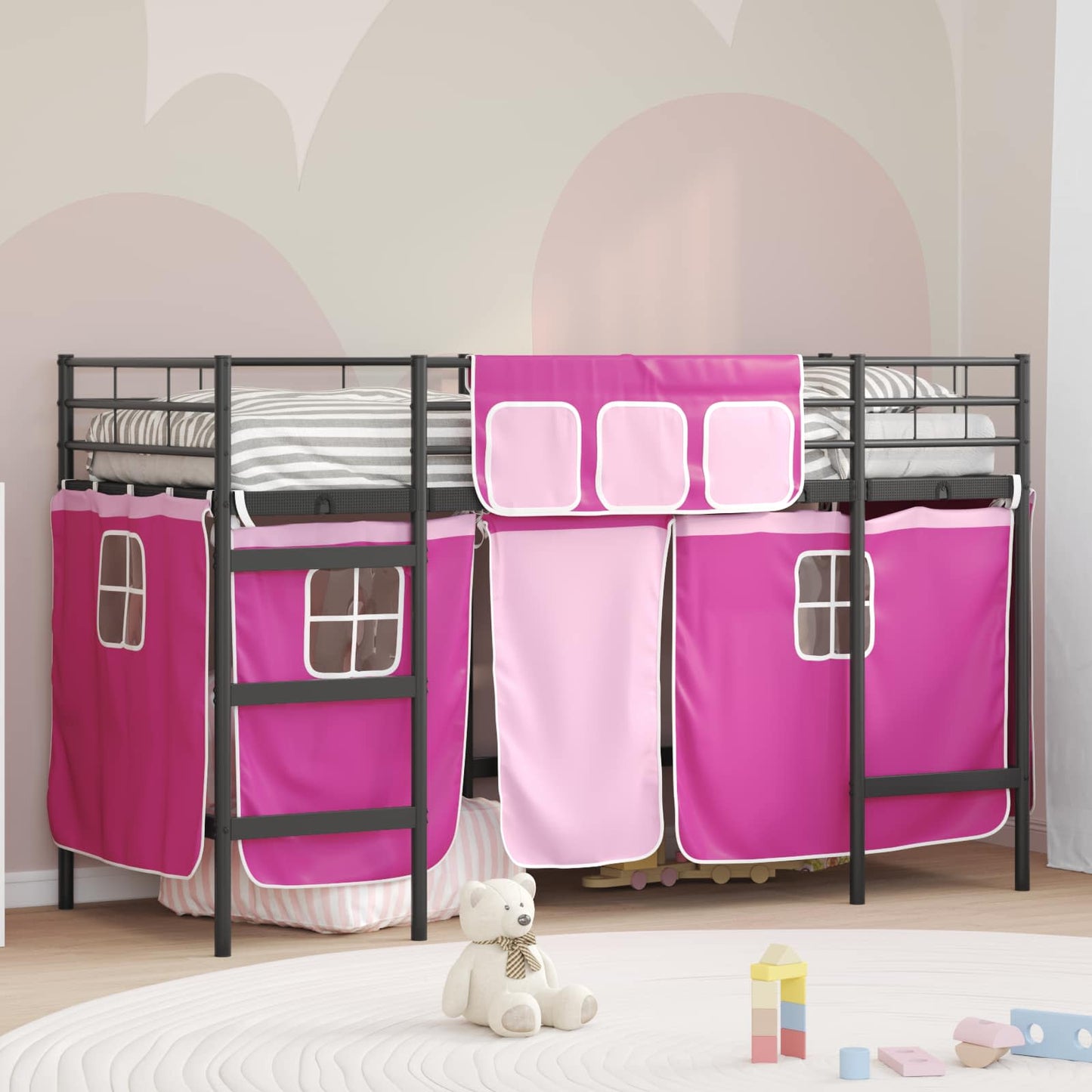 Kids'loftseng med gardiner Sort og Lyserød 90 x 190 cm
