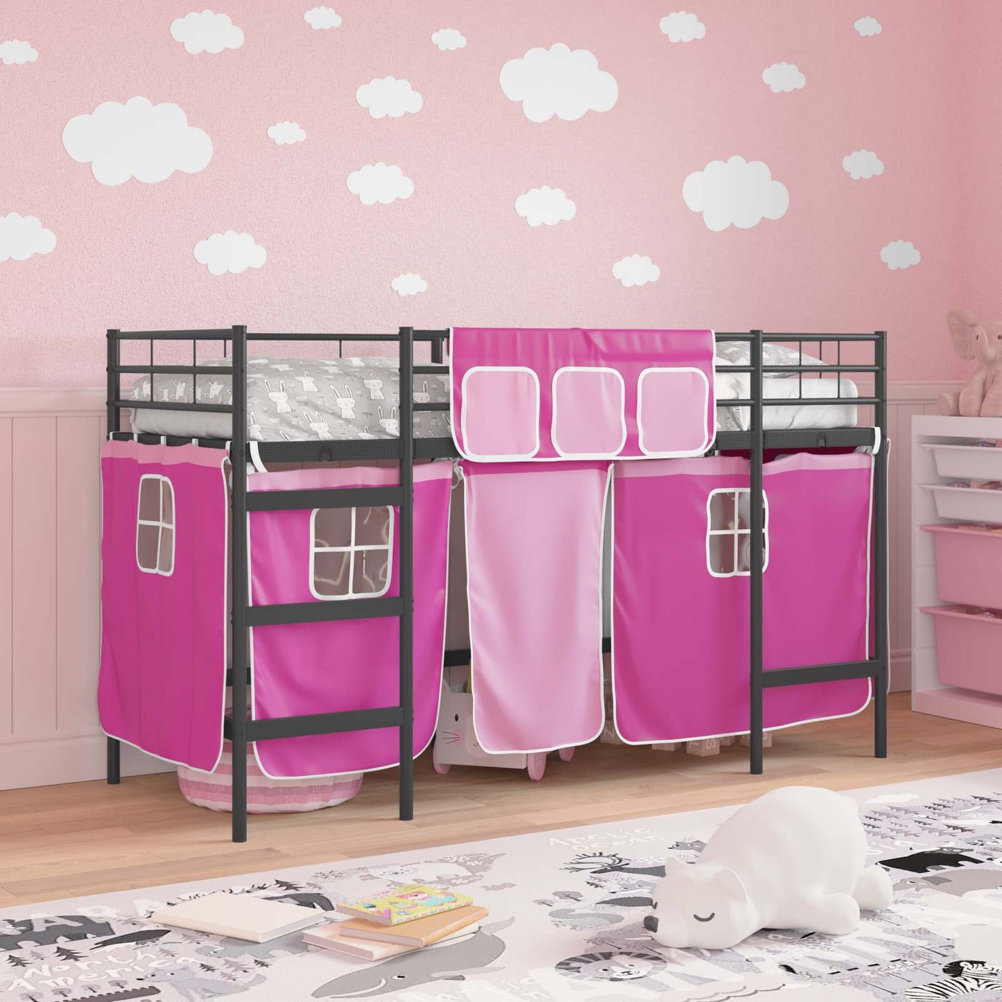 Kids'loftseng med gardiner Sort og Lyserød 90 x 190 cm