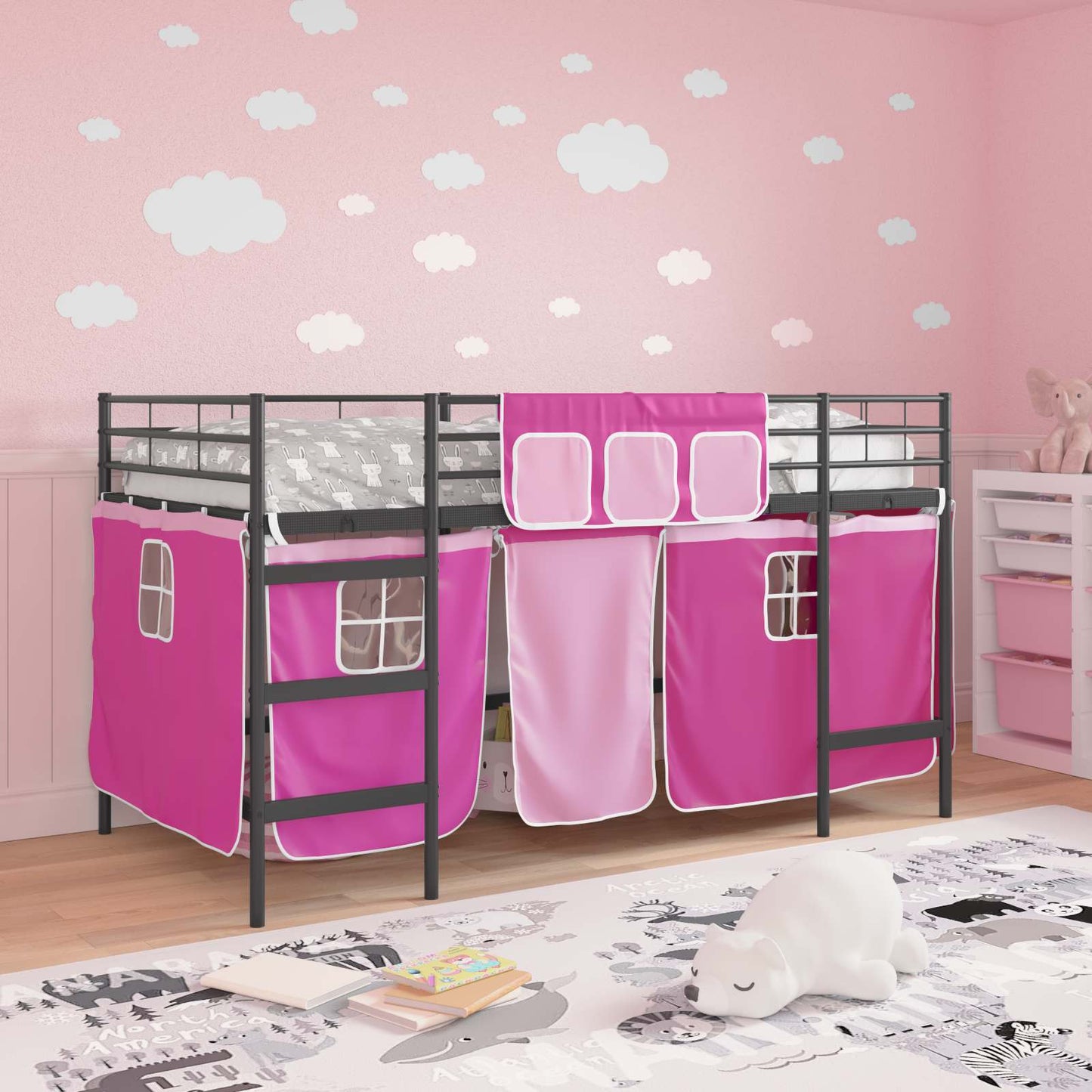 Kids'loftseng med gardiner Sort og Lyserød 107 x 203 cm