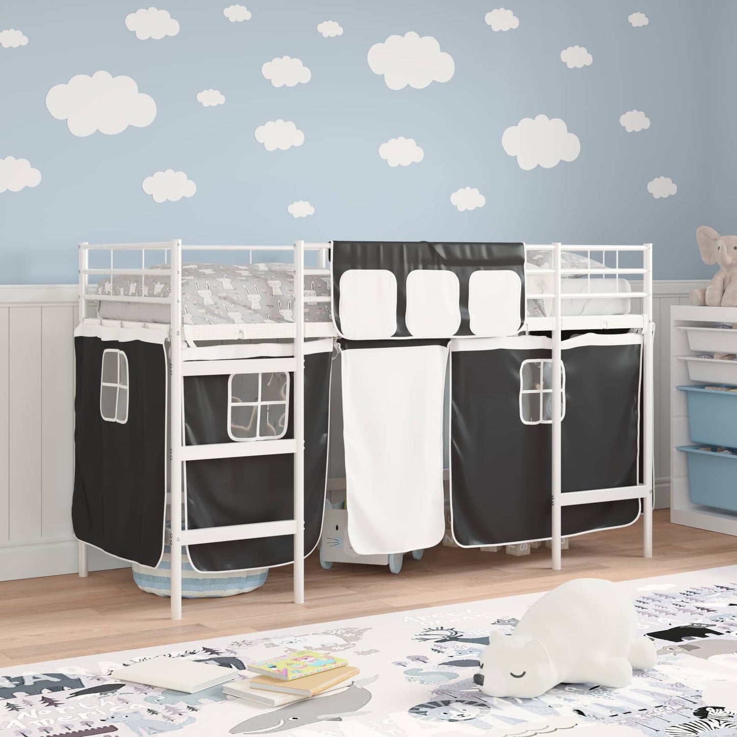 Kids'loftseng med gardiner Hvid og sort 75 x 190 cm