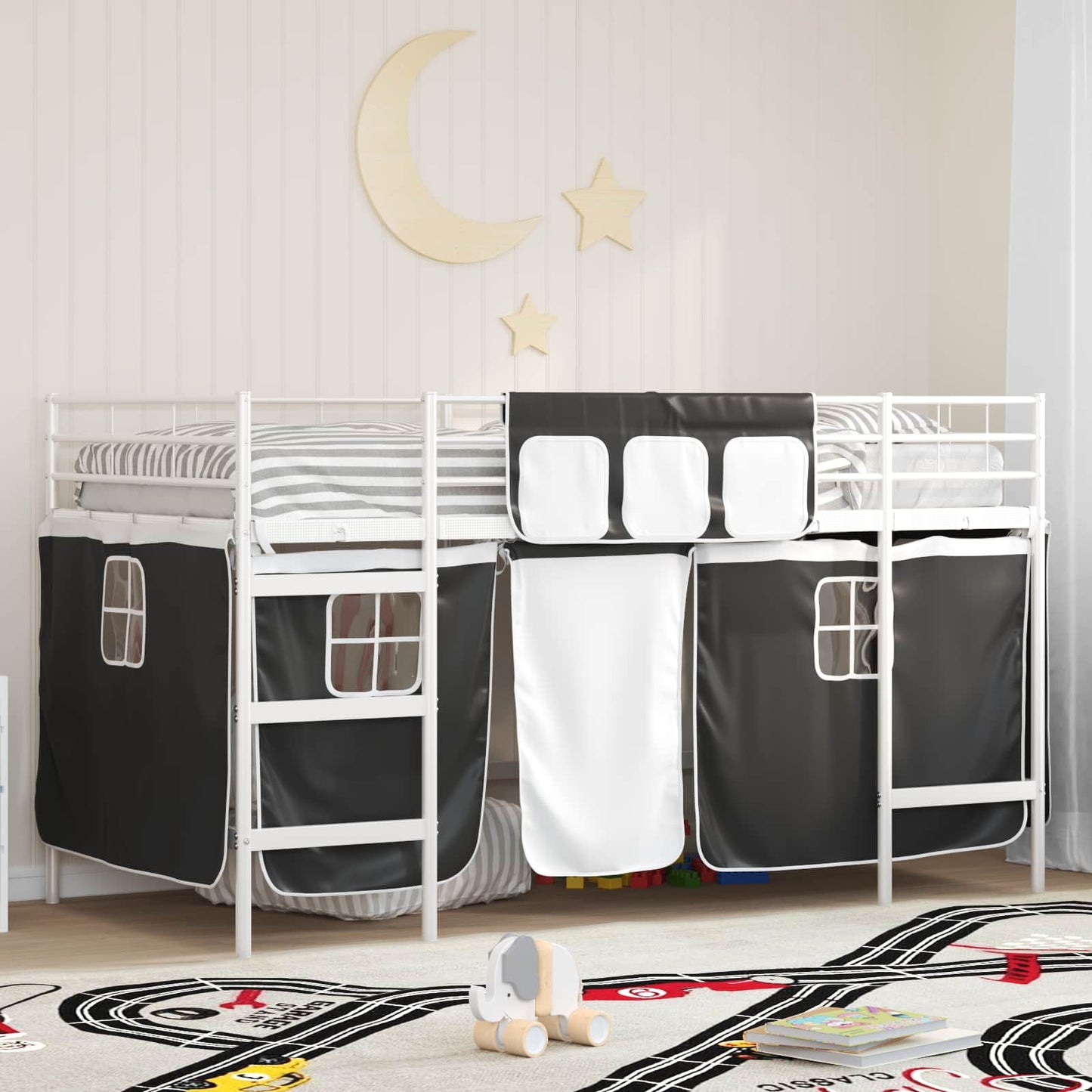 Kids'loftseng med gardiner Ensfarvet Hvid og sort 80 x 200 cm