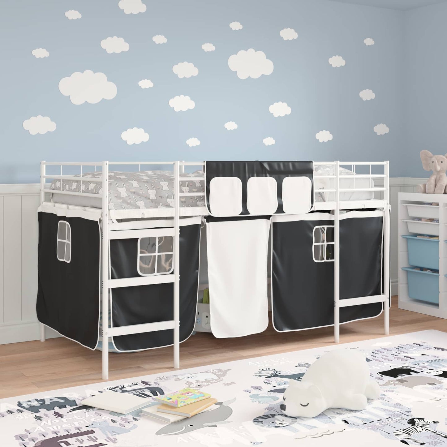 Kids'loftseng med gardiner Ensfarvet Hvid og sort 100 x 200 cm