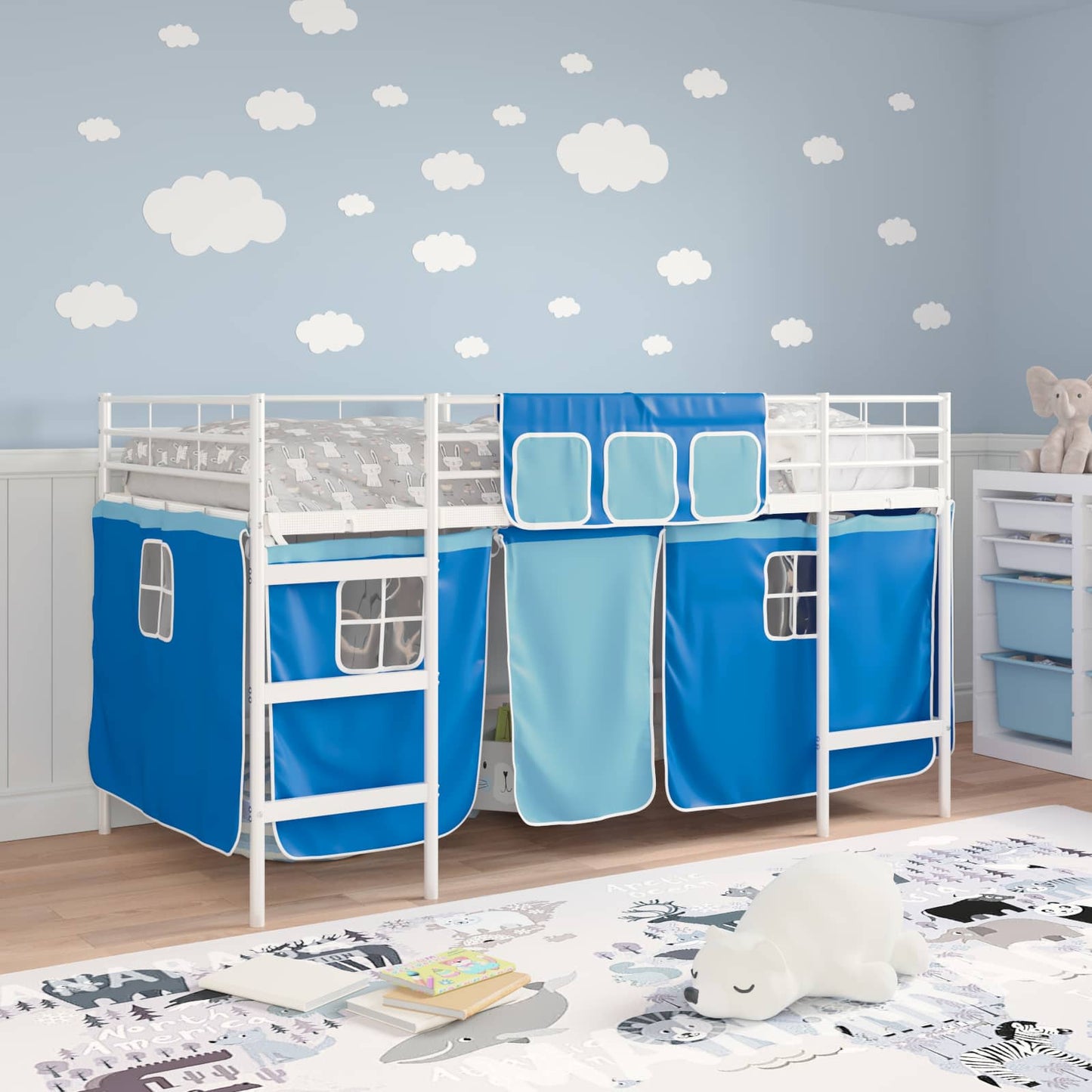 Kids'loftseng med gardiner Ensfarvet Hvid og Blå 80 x 200 cm