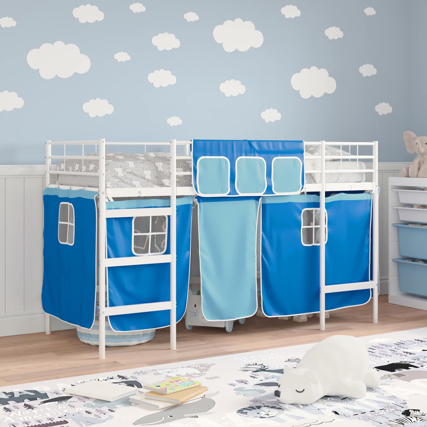 Kids'loftseng med gardiner Hvid og Blå 90 x 190 cm
