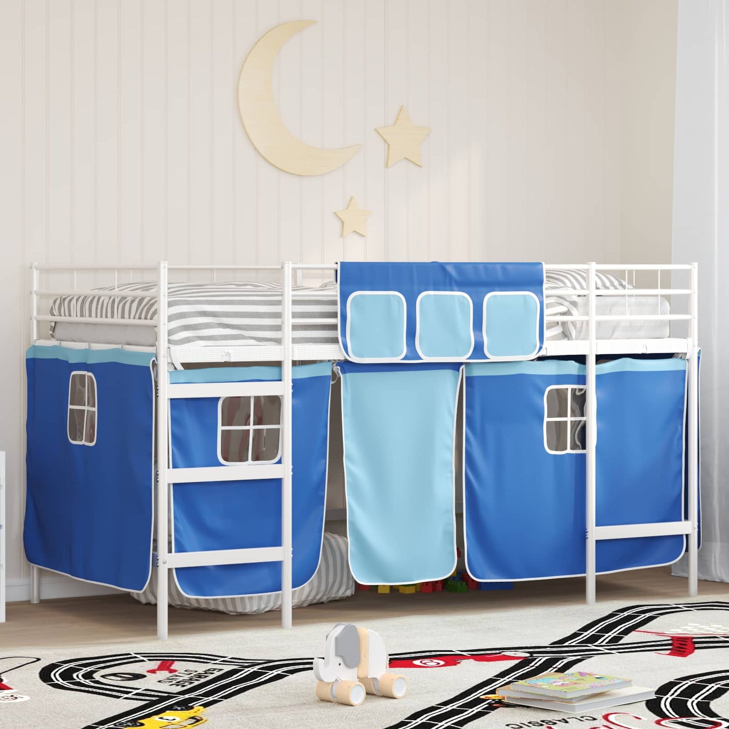 Kids'loftseng med gardiner Ensfarvet Hvid og Blå 90 x 200 cm