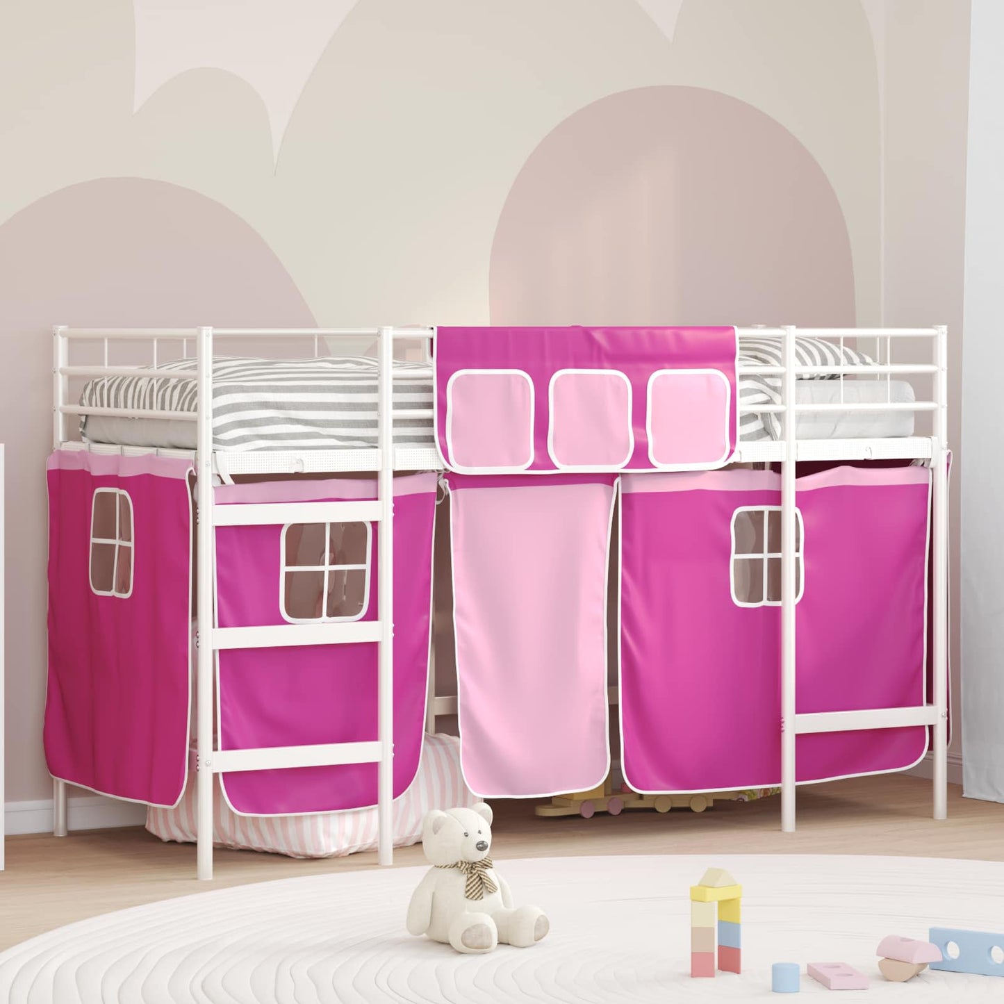 Kids'loftseng med gardiner Hvid og lyserød 90 x 190 cm