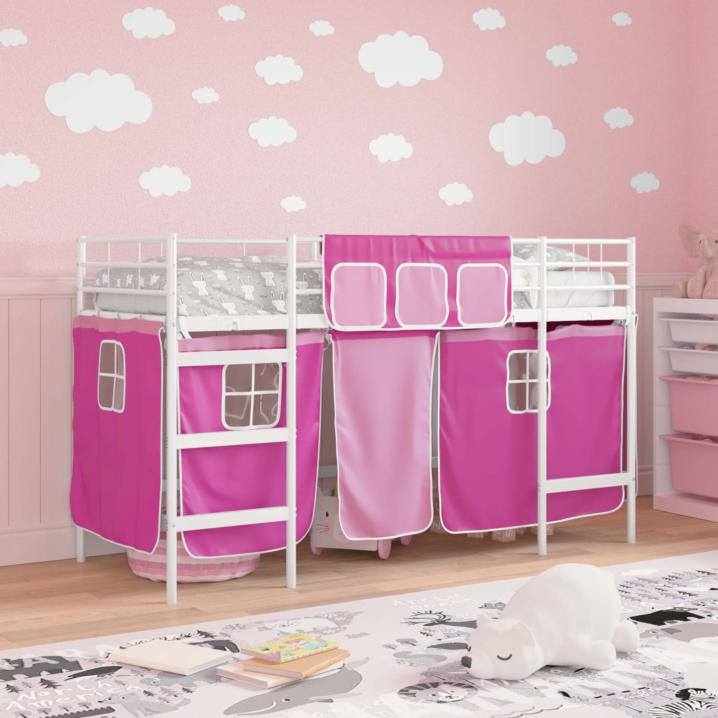 Kids'loftseng med gardiner Hvid og lyserød 90 x 190 cm