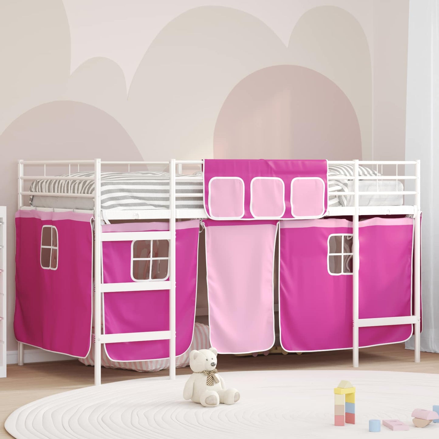 Kids'loftseng med gardiner Hvid og lyserød 90 x 200 cm