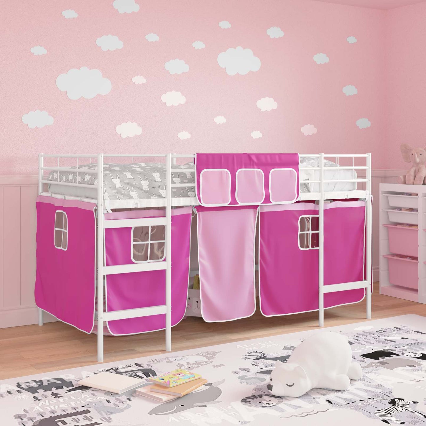 Kids'loftseng med gardiner Hvid og lyserød 107 x 203 cm
