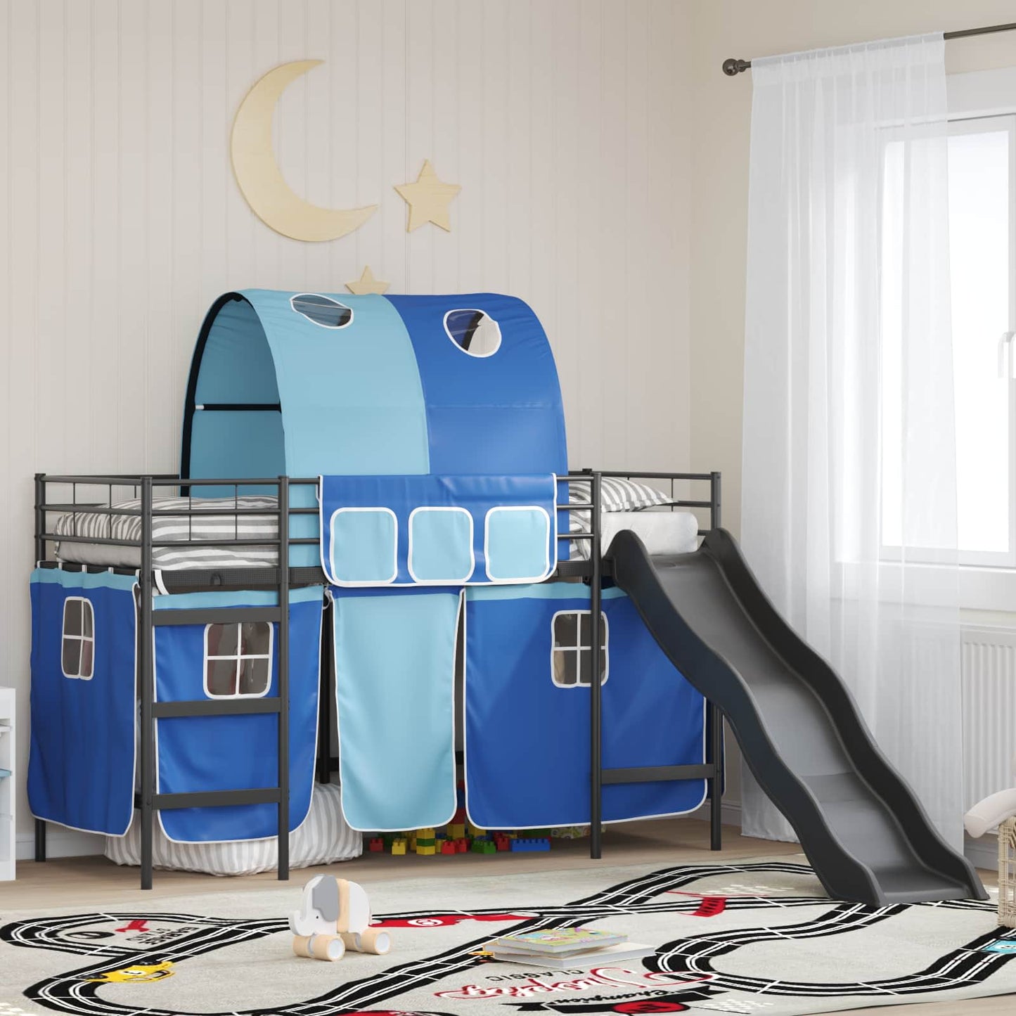 Børns Loft Seng Ramme Sort og Blå 100 x 190 cm Metal