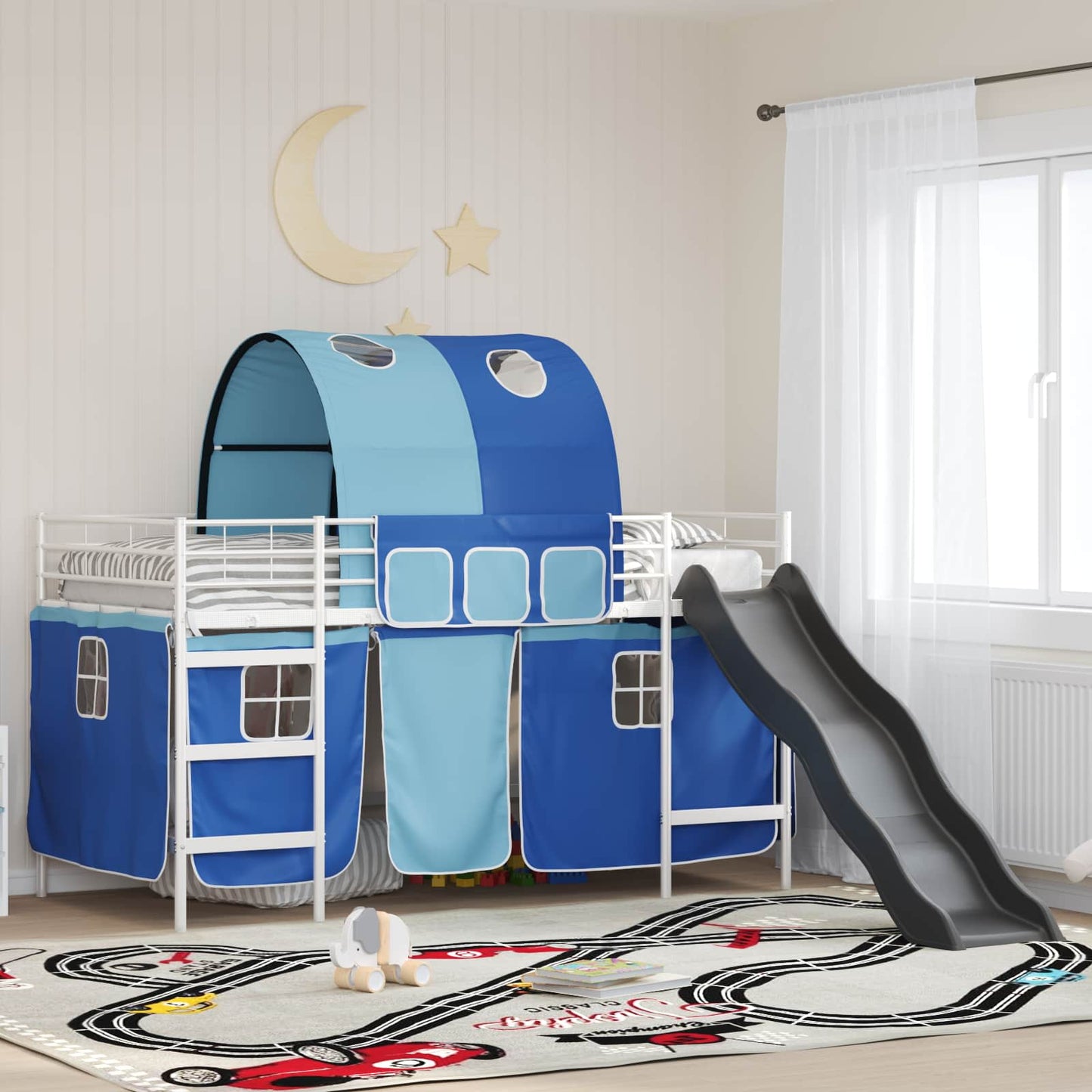 Børns Loft Seng Ramme Ensfarvet Hvid og Blå 107 x 203 cm Metal