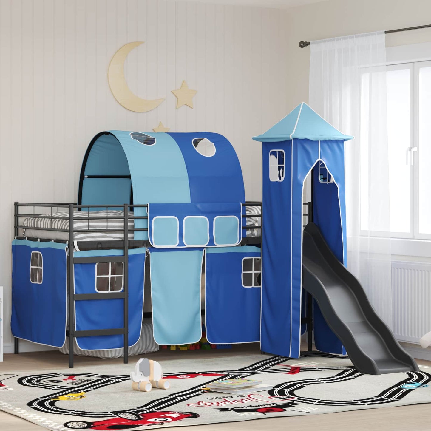 Børns Loft Seng Ramme Ensfarvet Sort og Blå 90 x 200 cm Metal