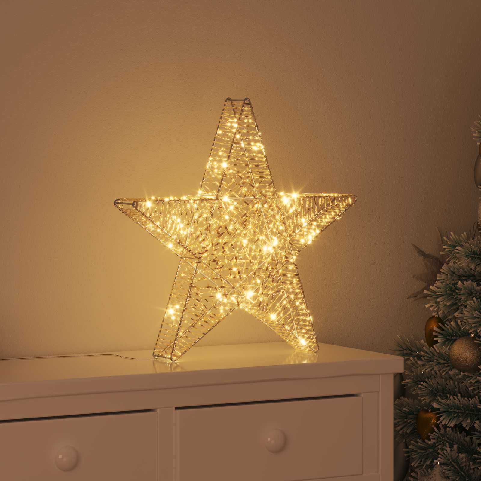3D stjerne med 50 LED - varm hvid, 55 × 52,5 × 9 cm (USB)