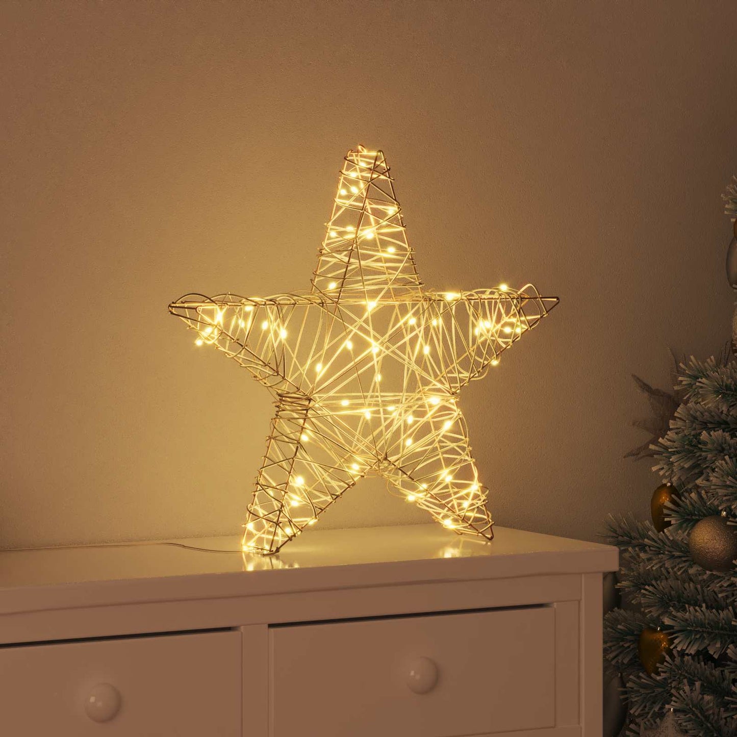 3D Stjerne med 50 LED'er Varm hvid 55 x 52,5 x 9 cm Rattan