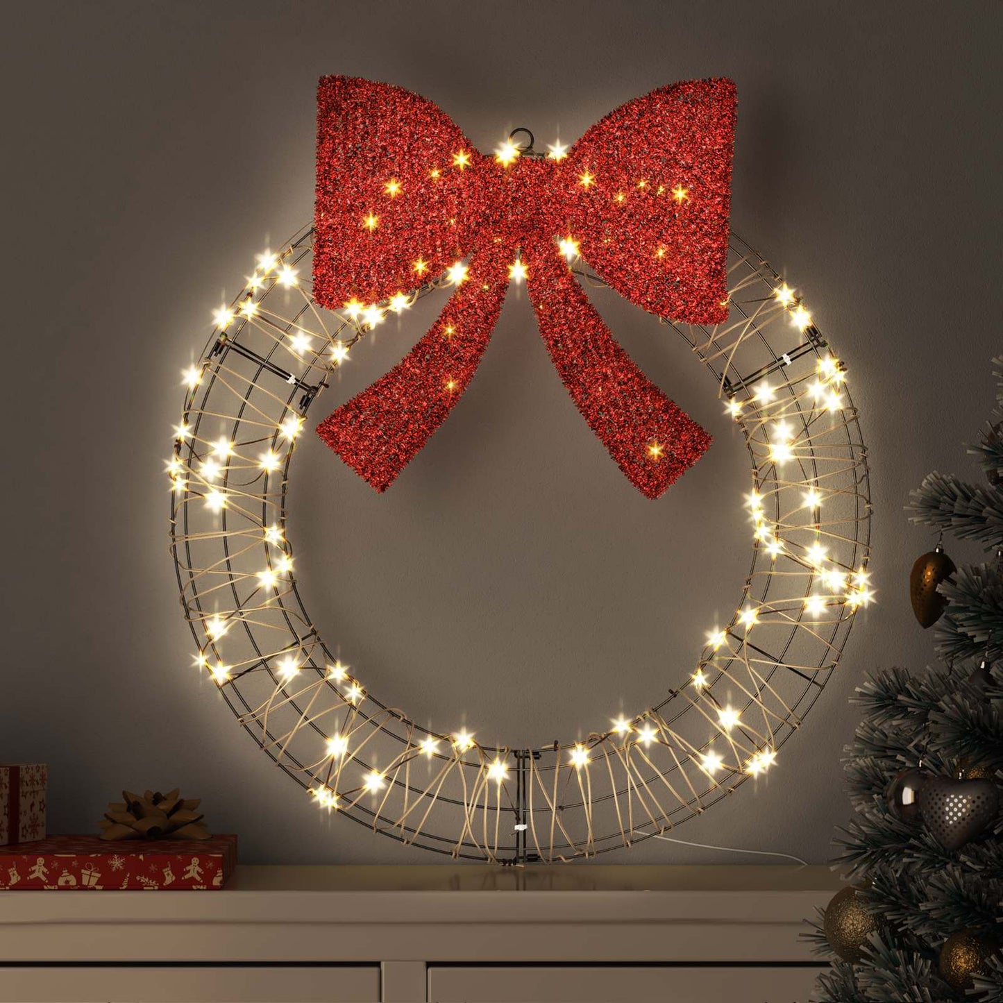 Krans med 60 LED'er Varm hvid 75 x 75 x 8 cm Rattan