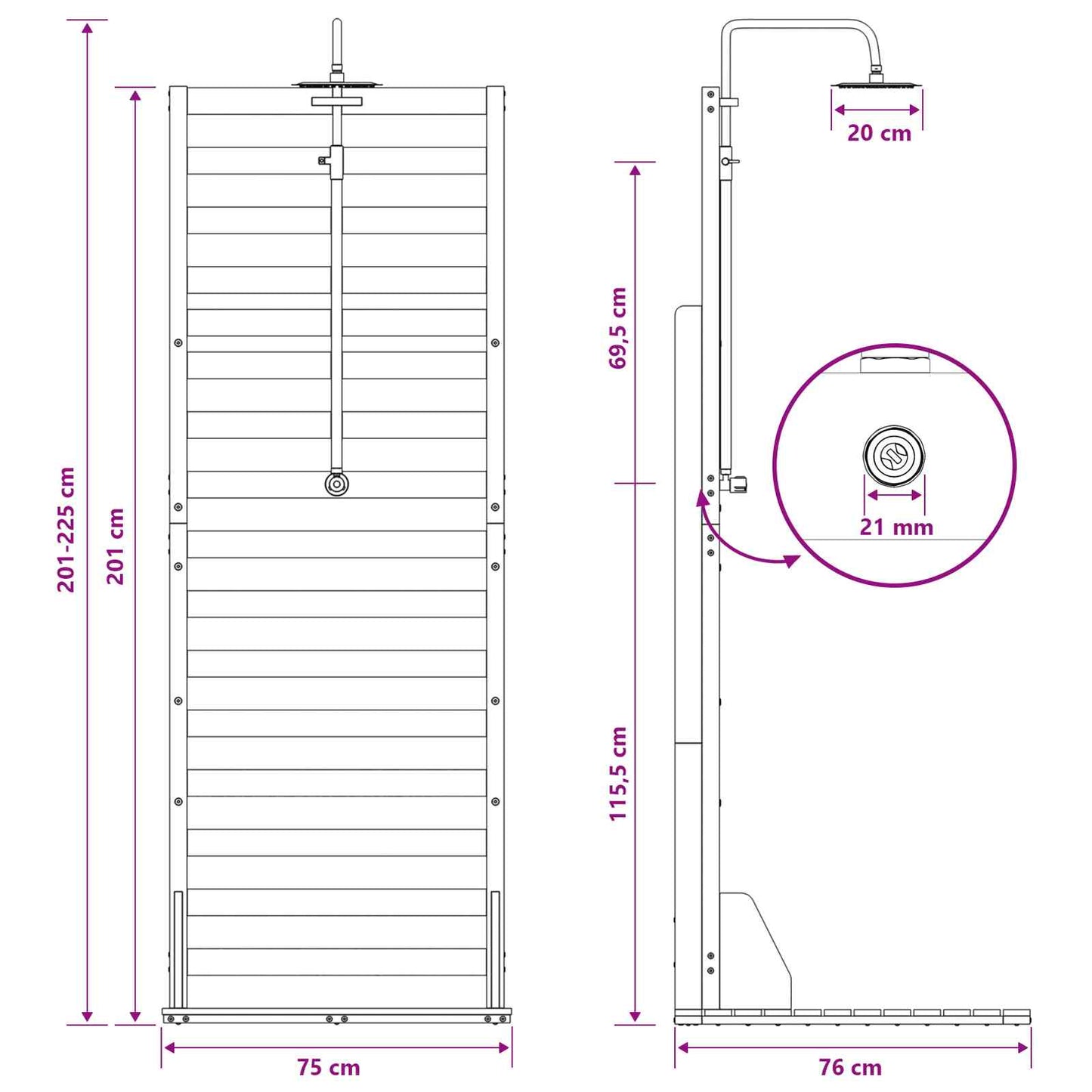 Udendørs bruser 225 cm Massiv Douglas træ og rustfrit stål