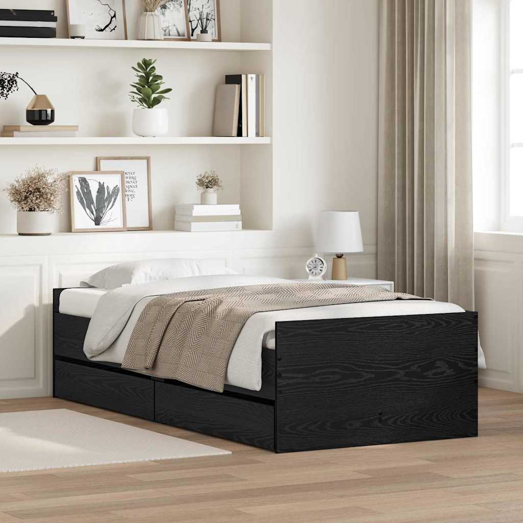Sengestel med skuffe Sort eg 90 x 200 cm Massiv fyrretræ
