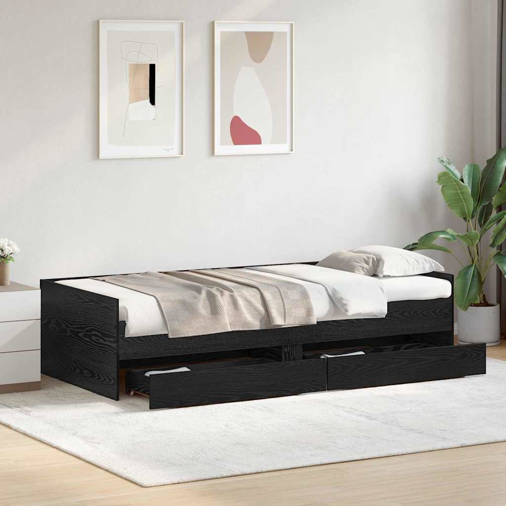 Sengestel med skuffe Sort eg 90 x 200 cm Massiv fyrretræ