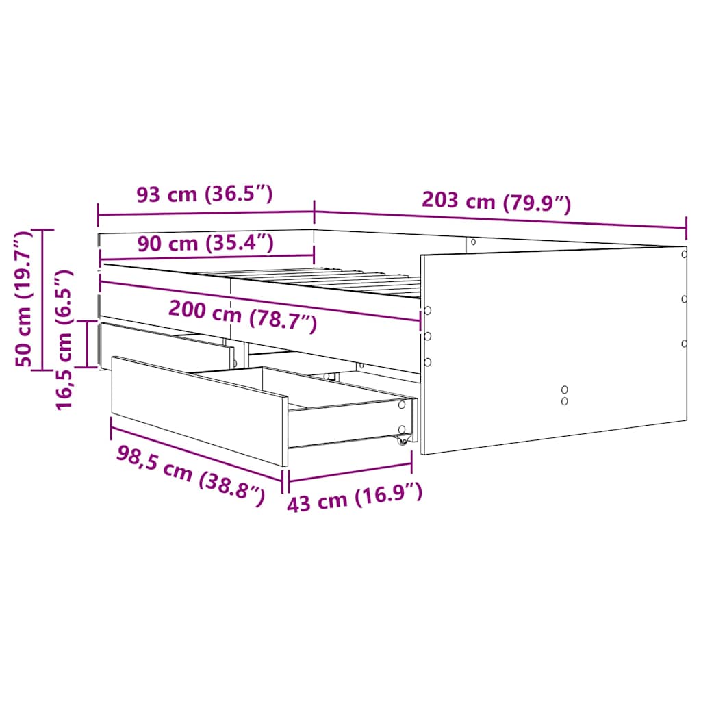 Sengestel med skuffe Sort eg 90 x 200 cm Massiv fyrretræ