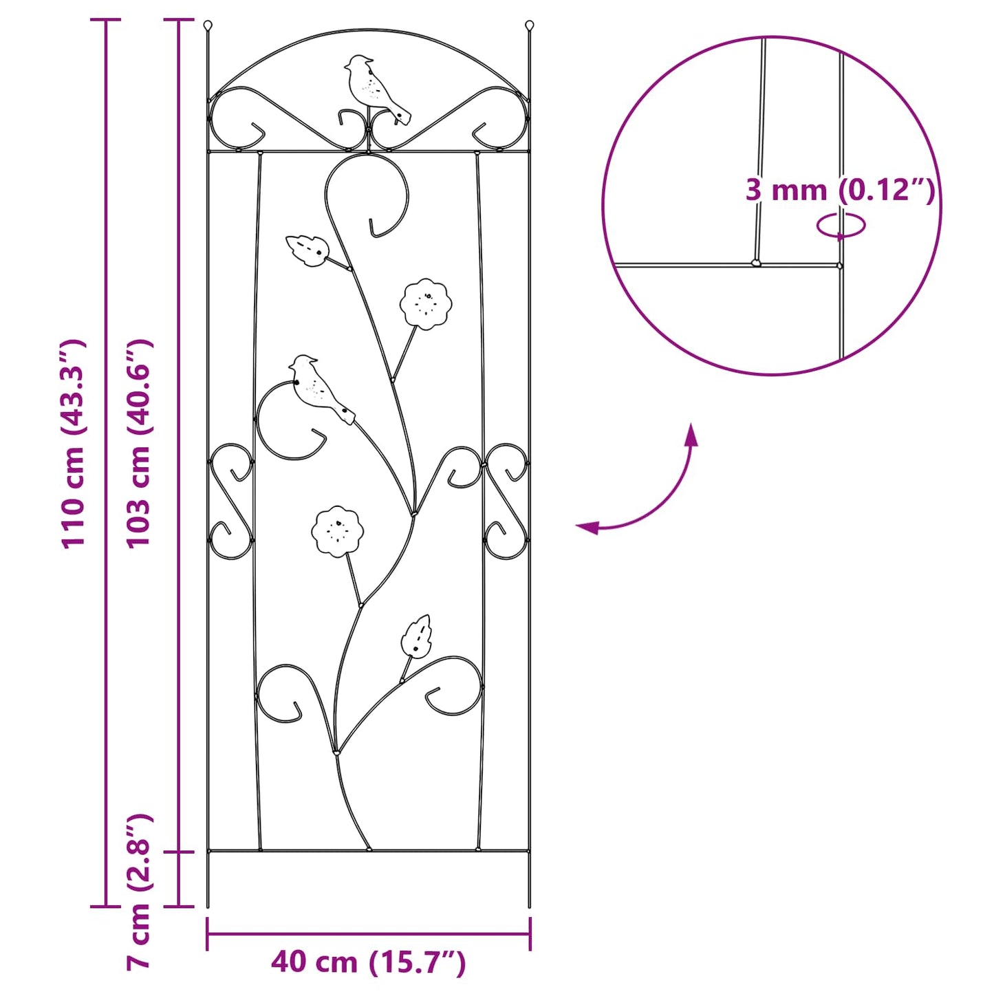 Havehegn 3 pcs Sort 110 x 40 cm Stål