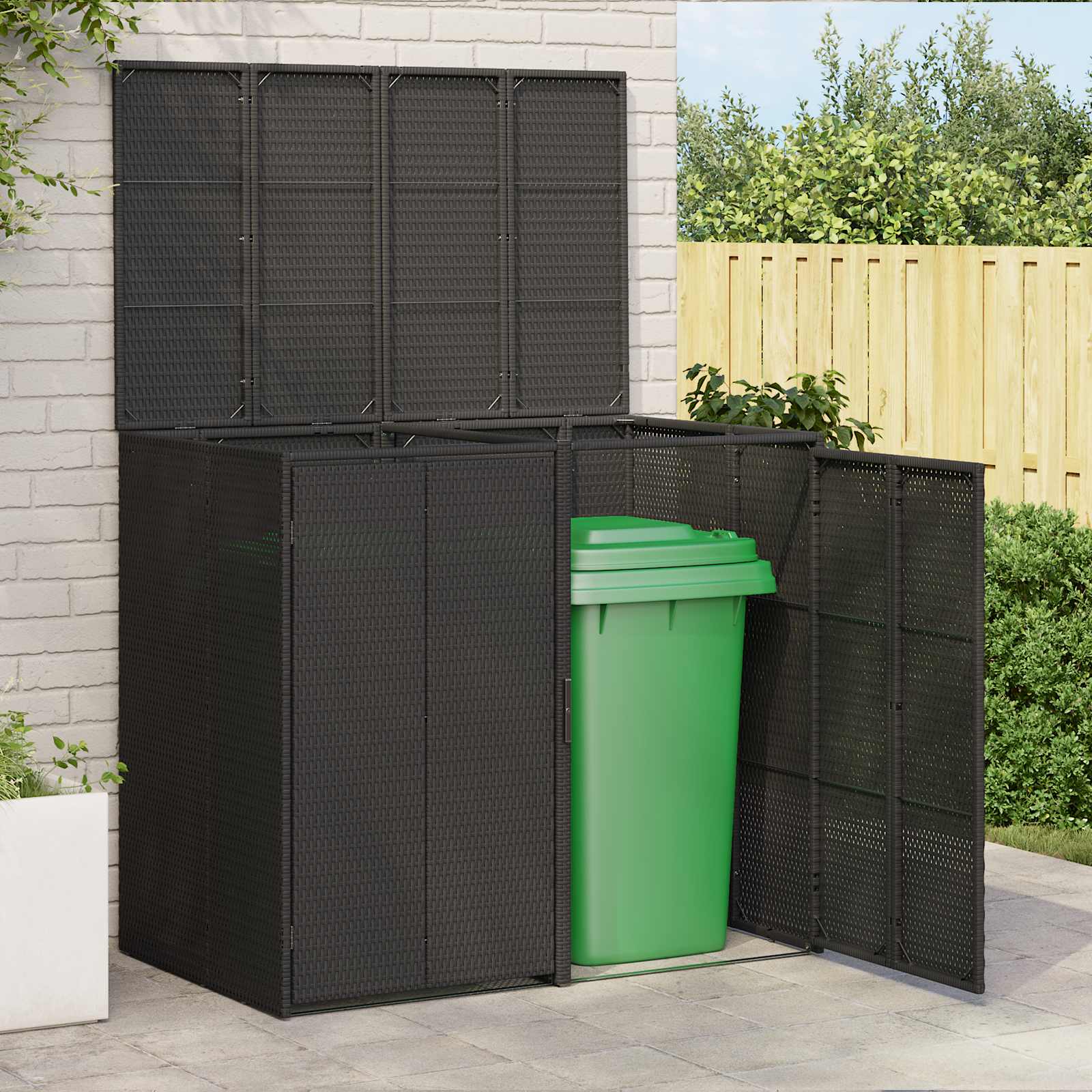 Affaldsbin-boks til 2 beholdere - sort rattanlook, polyethylen, 130 × 80 × 115 cm