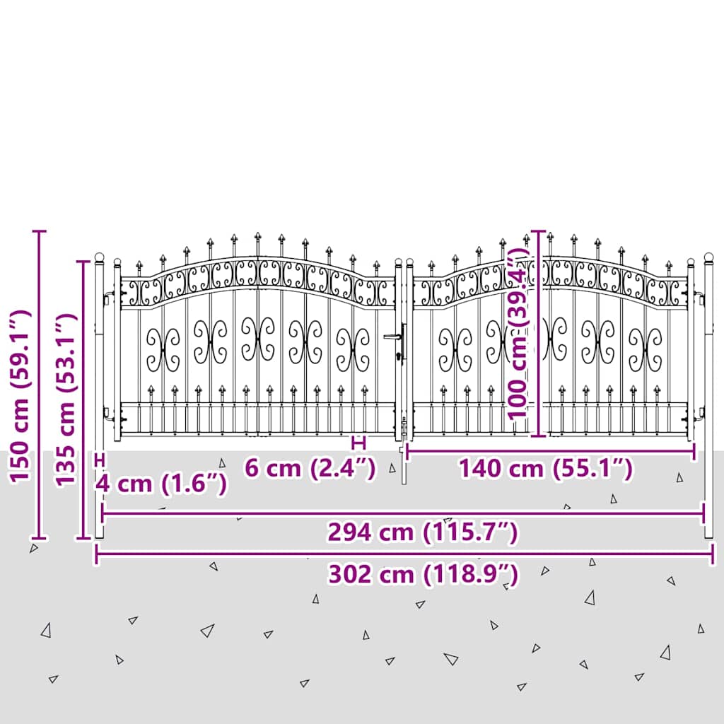 Hegn Port med Spydtop KAMPEN 305 x 100 cm Stål Grå Låses