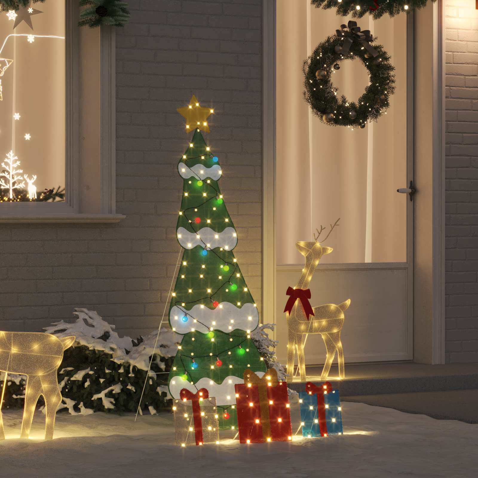 Belyst juletræ 2D med 3 gaveæsker - varm hvid LED, flerfarvet, 150 cm