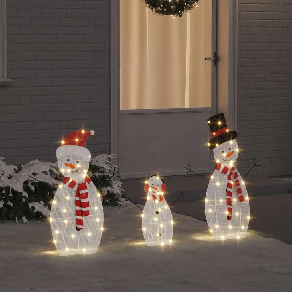 Belyst snemand-familie 3 stk - varm hvid, polyester, USB LED