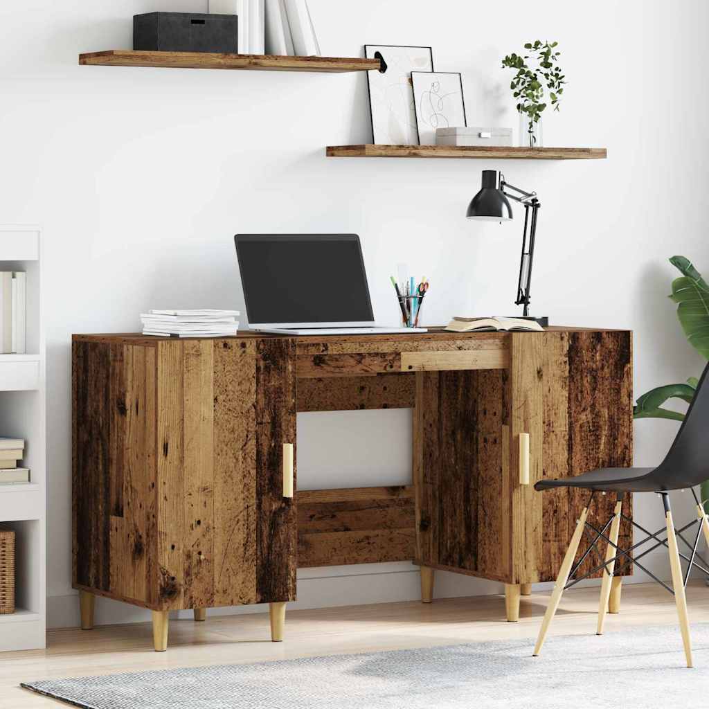 Skrivebord med hylder - gammelt træ look, 140 × 50 × 75 cm, konstrueret træ
