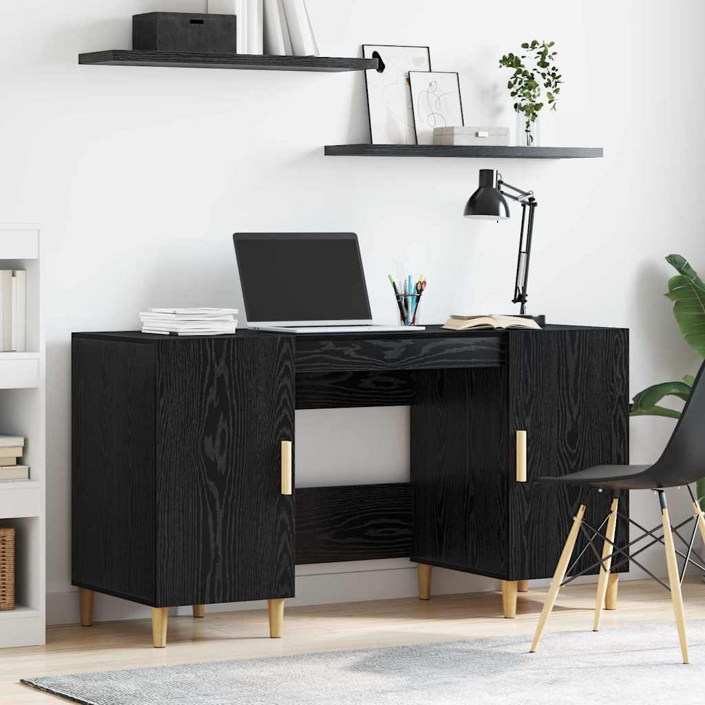 Skrivebord med hylder og døre - sort eg, 140 × 50 × 75 cm, konstrueret træ