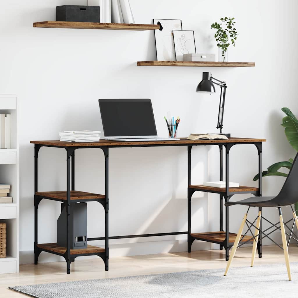 Skrivebord med hylder - gammelt træ look, 140 × 50 × 75 cm - konstrueret træ og metal
