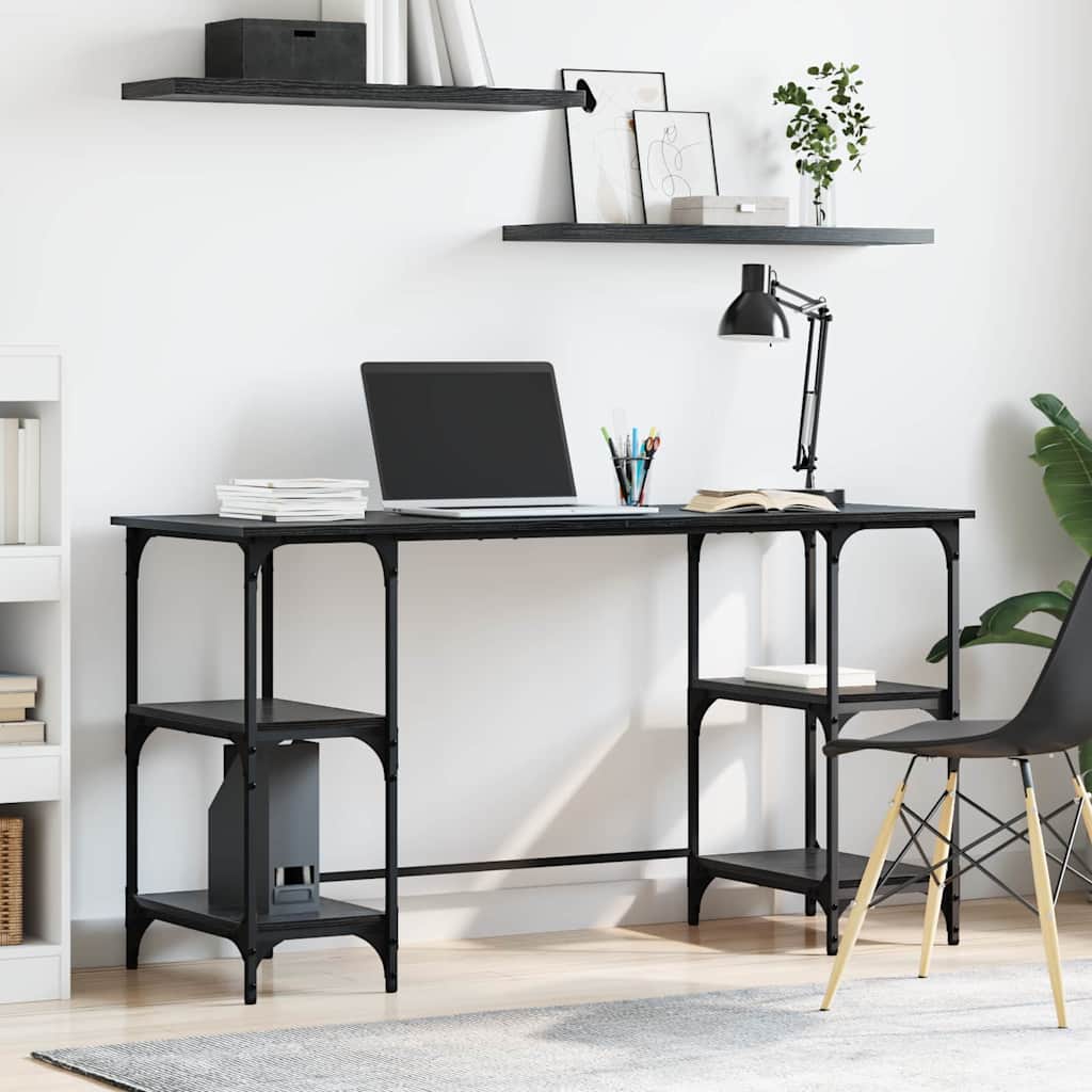 Skrivebord med hylder - sort eg, 140 × 50 × 75 cm, konstrueret træ