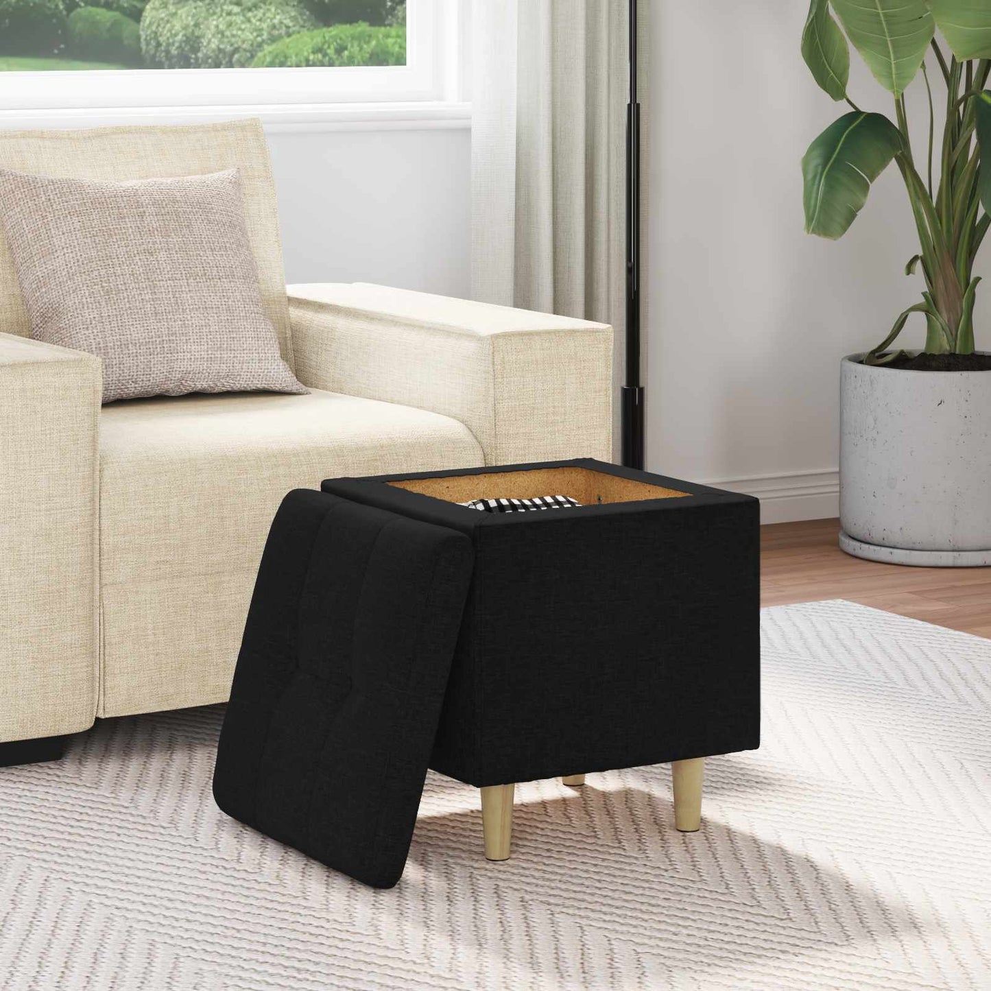 Opbevaringstomane med pude Sort 40 x 40 x 45 cm Stof