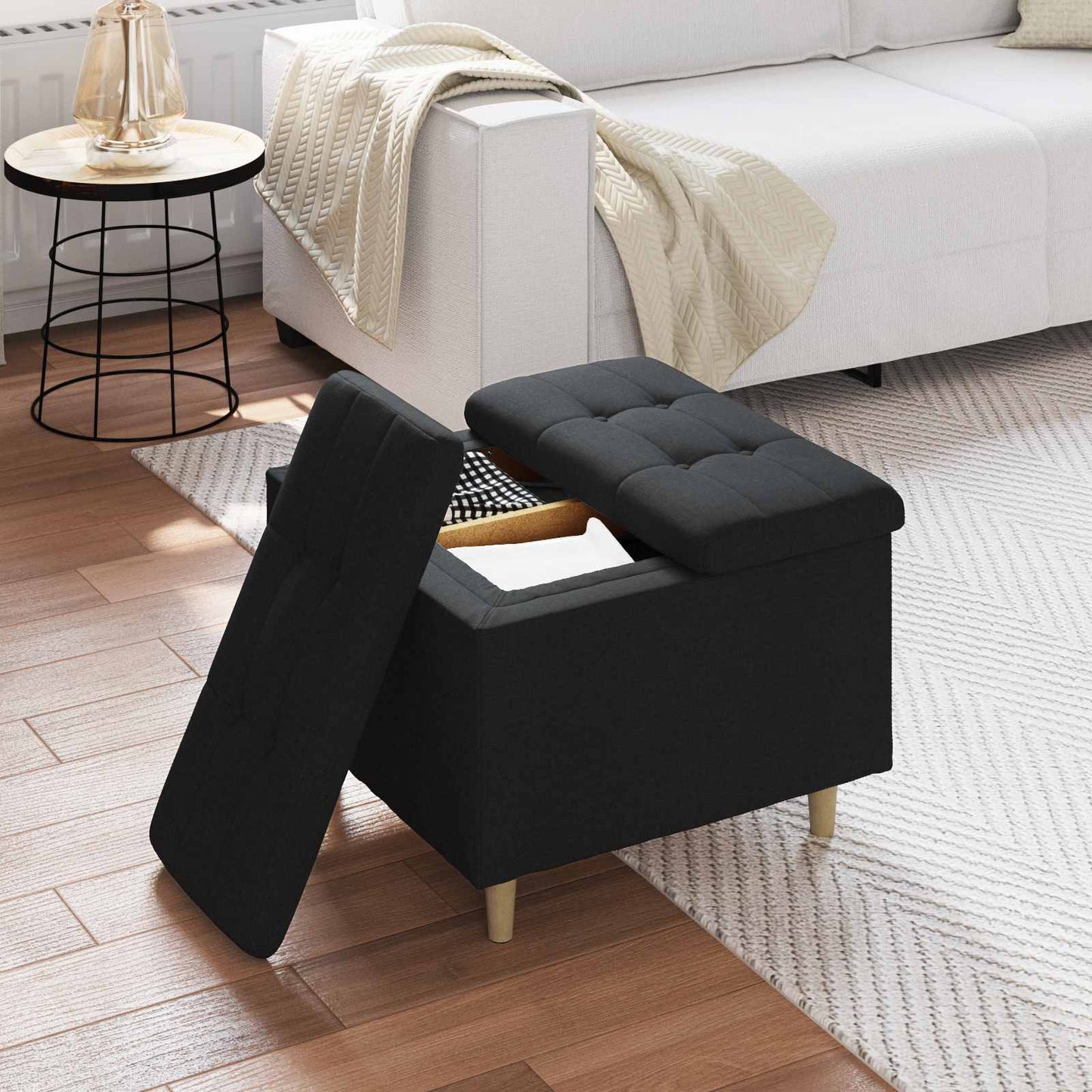 Opbevaringstomane med pude Sort 60 x 60 x 45 cm Stof