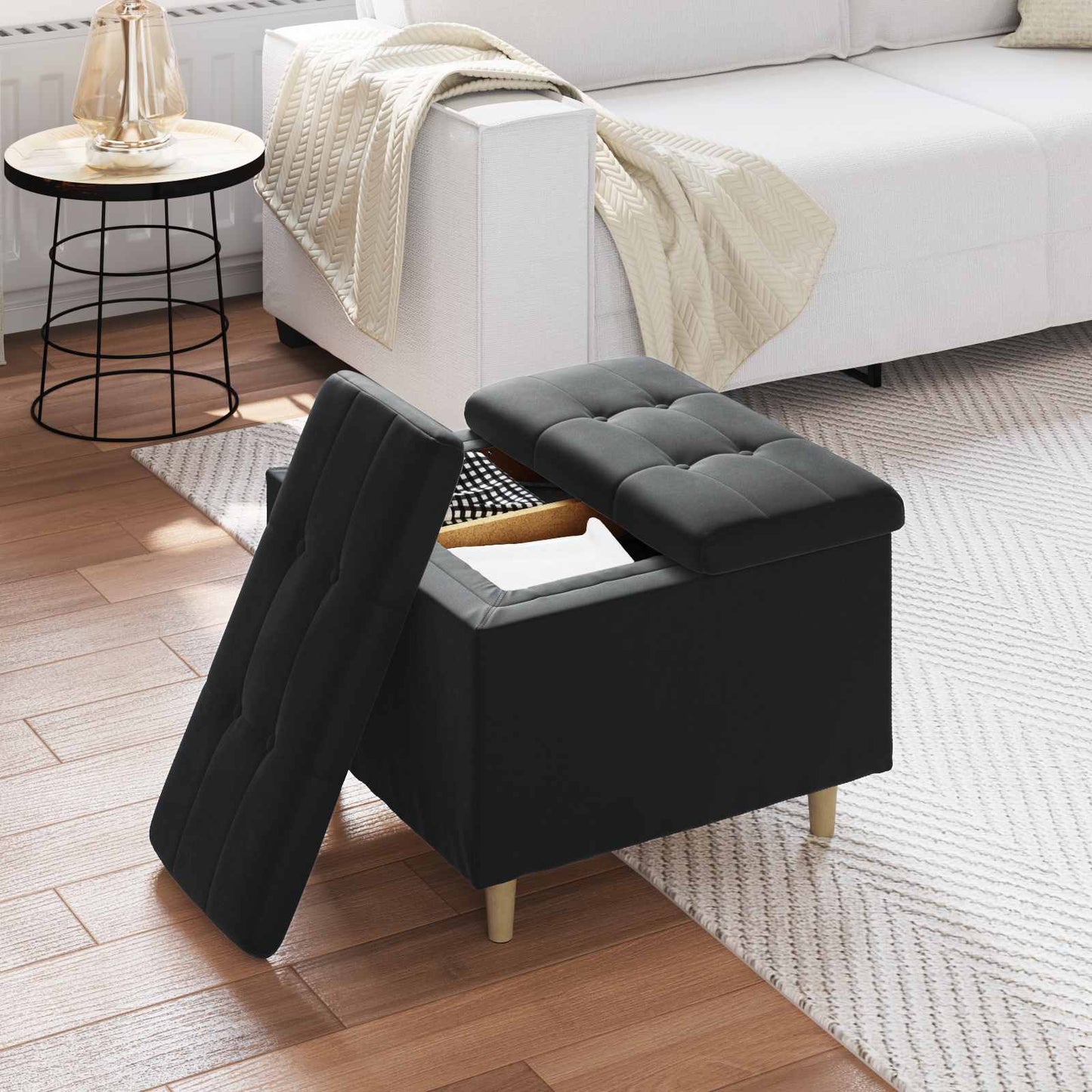 Opbevaringstomane med pude Sort 60 x 60 x 45 cm Fløjl