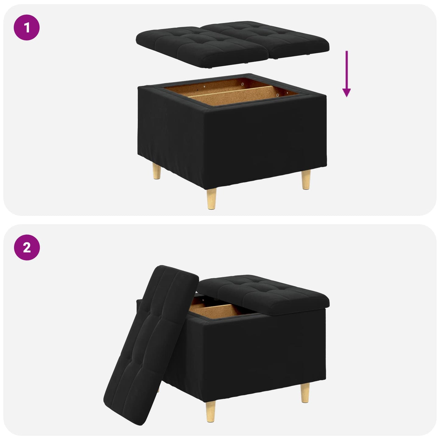 Opbevaringstomane med pude Sort 60 x 60 x 45 cm Fløjl