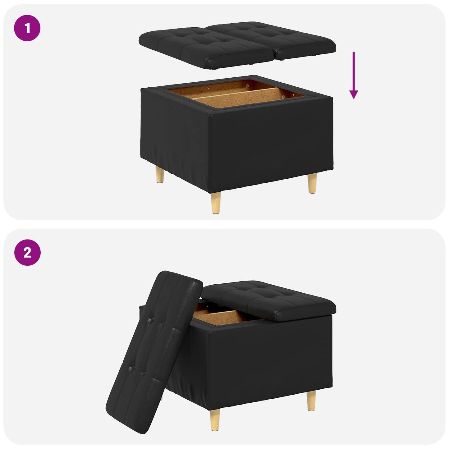 Opbevaringstomane med pude Sort 60 x 60 x 45 cm Kunstlæder