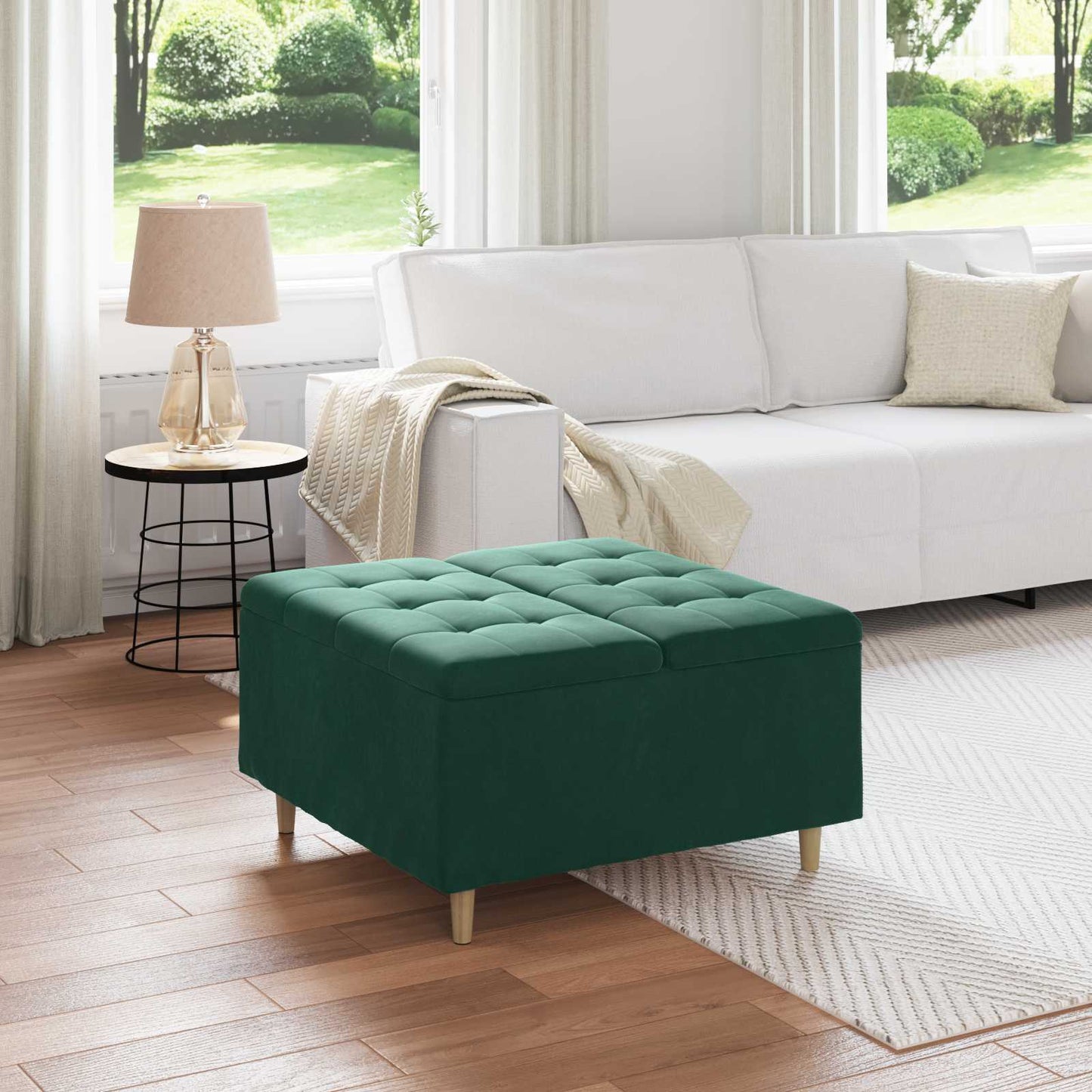 Opbevaringstomane med pude Mørkegrøn 80 x 80 x 45 cm Fløjl