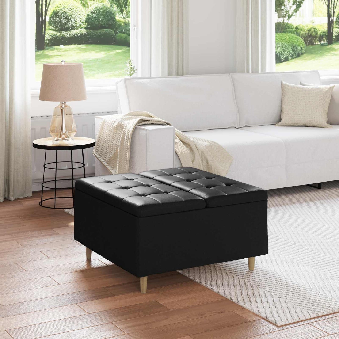 Opbevaringstomane med pude Sort 80 x 80 x 45 cm Kunstlæder